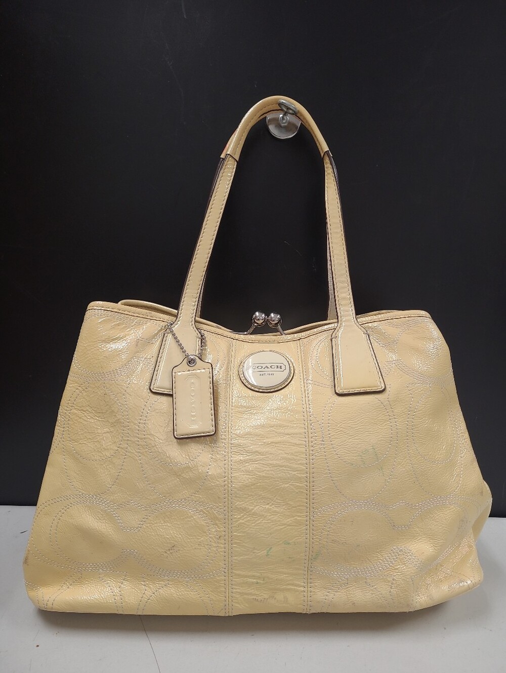 Vintage Y2K Coach Signature Stitched Pale Yellow Patent Leather